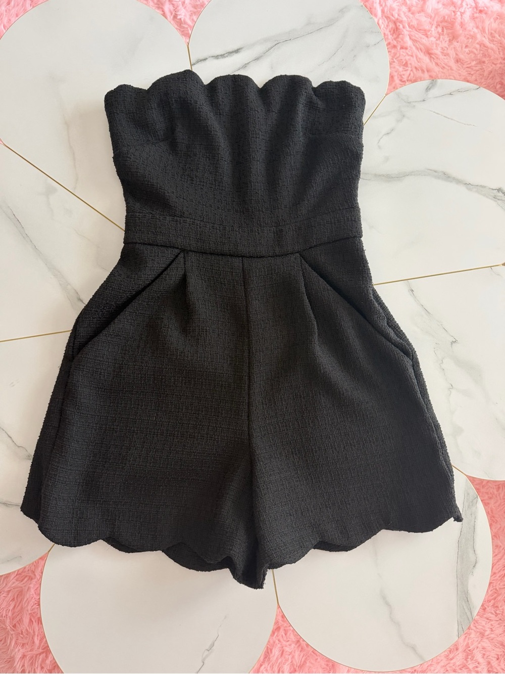 Express Black Strapless‎ Scallop-Neck Romper